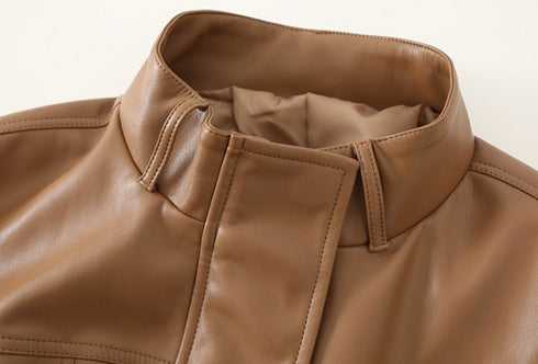Women's Tooling Style Leather Jacket Jacket With Stand-up Collar - ROUTINE FASHION